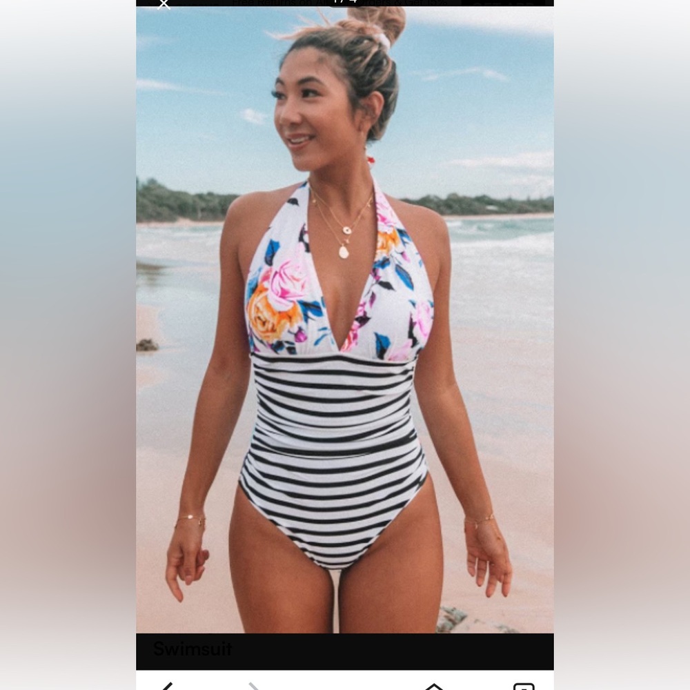 Cupshe One Piece Halter Swimsuit Floral Black White Stripes Size Medium